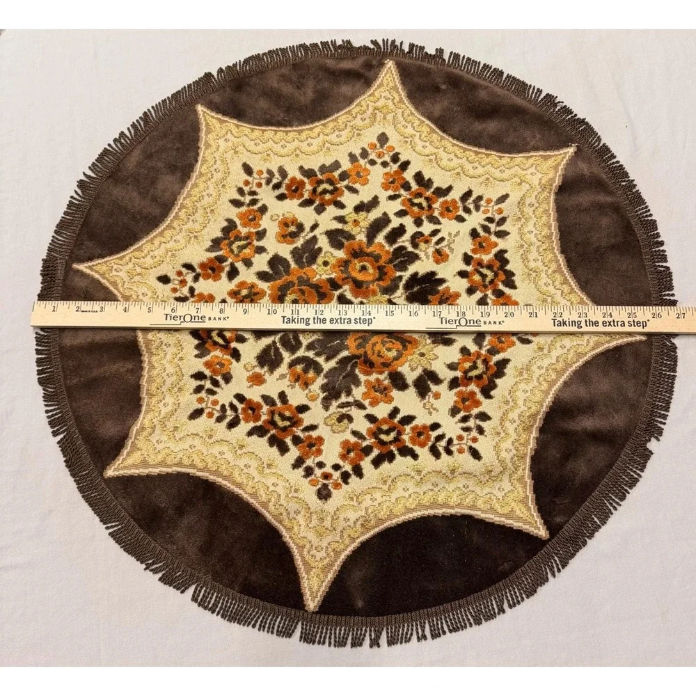 Vintage Round Floral Tablecloth Rug Accent Mat Fringe Brown Orange Beige Gold